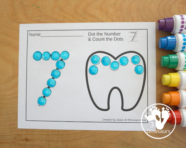 Tooth Dot the Number & Counting: - Numbers 1 to 20 with color and black and white options. You dot the number and then count the dots on the tooth. - 3Dinosaurs.com