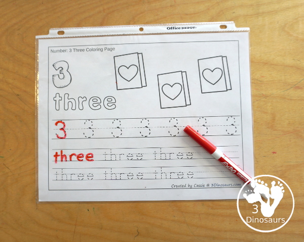 Free Valentine Number Color & Trace - Numbers o to 10 with counting the valentine themes and tracing the number and number word for each number with 11 pages of printables for prek and kindergarten - 3Dinosaurs.com