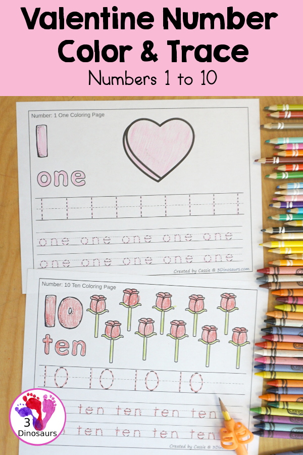 Free Valentine Number Color & Trace - Numbers o to 10 with counting the valentine themes and tracing the number and number word for each number with 11 pages of printables for prek and kindergarten - 3Dinosaurs.com