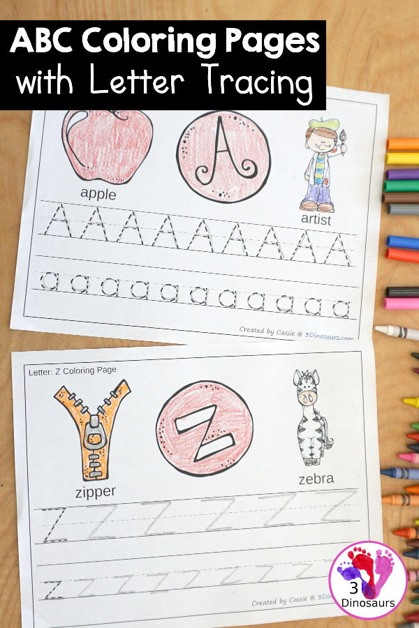Free ABC Coloring and Tracing Printable - with tracing letters and trace and write letters options for the letter handwriting with uppercase letters and lowercase letters together. A great ABC coloring pages with letter handwriting - 3Dinosaurs.com