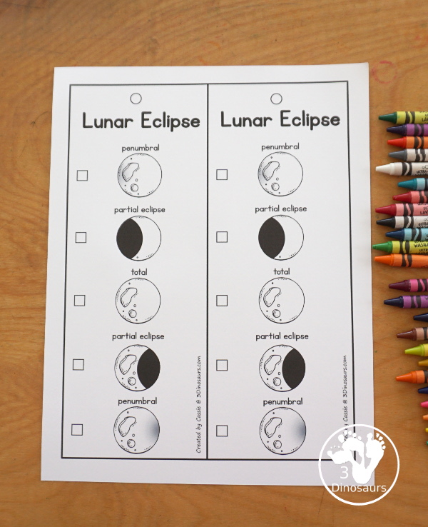 Free Total Lunar Eclipse Bookmarks with the order of events for a total lunar eclipse with pictures for kids to use to mark what they have seen.  3Dinosaurs.com