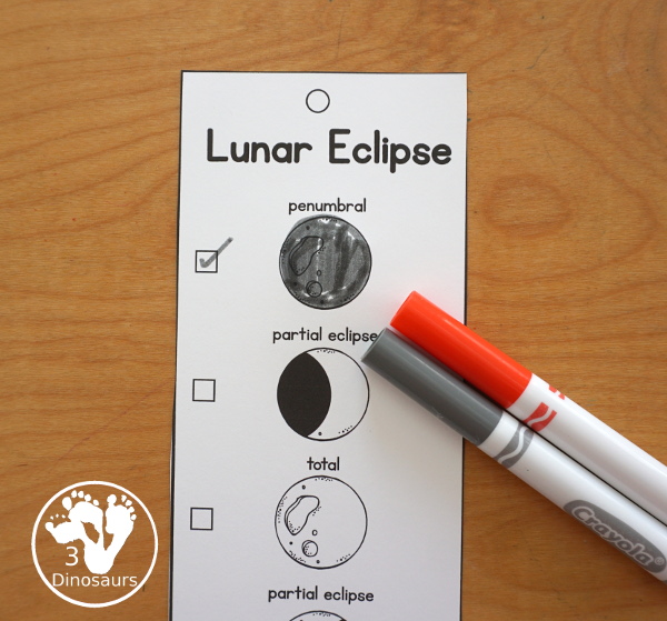 Free Total Lunar Eclipse Bookmarks with the order of events for a total lunar eclipse with pictures for kids to use to mark what they have seen.  3Dinosaurs.com