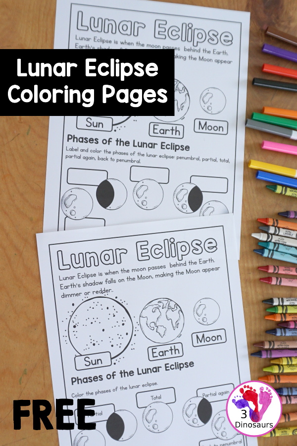Free Lunar Eclipse Coloring Pages - simple coloring pages with the Sun, Earth, Moon, and the parts of a total lunar eclipse. - 3Dinosaurs.com