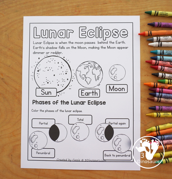 Free Lunar Eclipse Coloring Pages - simple coloring pages with the Sun, Earth, Moon, and the parts of a total lunar eclipse. - 3Dinosaurs.com