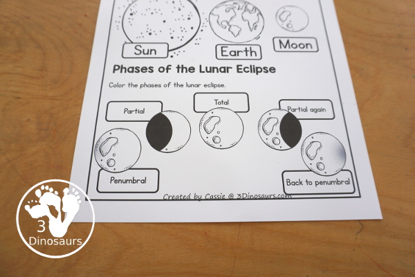 Free Lunar Eclipse Coloring Pages - simple coloring pages with the Sun, Earth, Moon, and the parts of a total lunar eclipse. - 3Dinosaurs.com