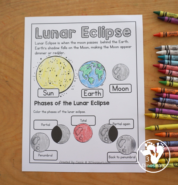 Free Lunar Eclipse Coloring Pages - simple coloring pages with the Sun, Earth, Moon, and the parts of a total lunar eclipse. - 3Dinosaurs.com