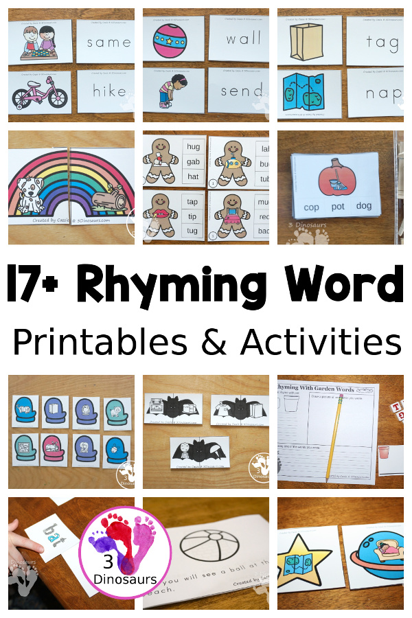 Rhyming Word Printables - with CVC, CVCC, CVCe and more with matching, writing and finding rhyming words. Easy to use rhyming word printables - 3Dinosaurs.com