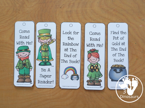 Free St Patrick's Day Bookmarks has fun say8ing about reading on each of the bookmarks with vertical and horizontal bookmarks with 8 bookmarks total 2 pages of printables - 3Dinosaurs.com