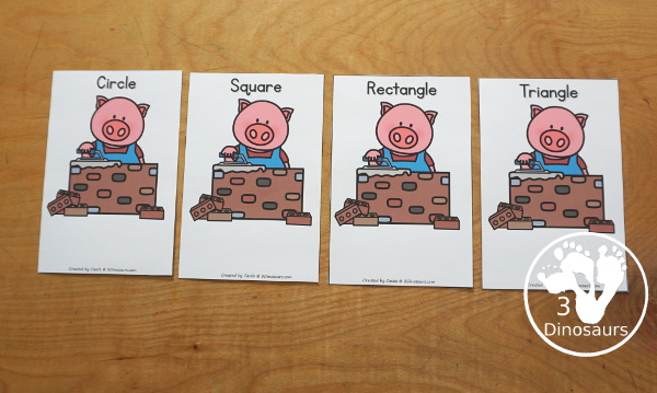 Free Three Little Pigs Shape Sorting Printable - has sorting for four shapes: circle, square, triangle, rectangle. There are four sorting mats and 6 bricks for each shape mat to sort - 3Dinosaurs.com - 3Dinosaurs.com