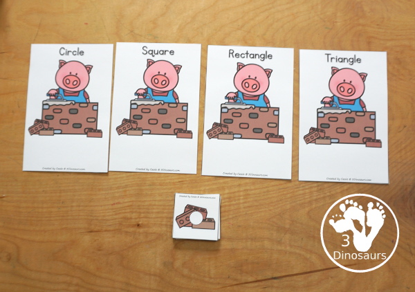 Free Three Little Pigs Shape Sorting Printable - has sorting for four shapes: circle, square, triangle, rectangle. There are four sorting mats and 6 bricks for each shape mat to sort - 3Dinosaurs.com - 3Dinosaurs.com
