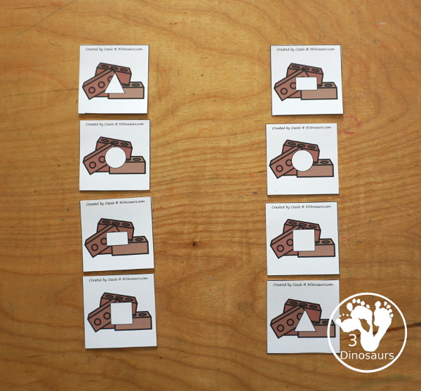 Free Three Little Pigs Shape Sorting Printable - has sorting for four shapes: circle, square, triangle, rectangle. There are four sorting mats and 6 bricks for each shape mat to sort - 3Dinosaurs.com - 3Dinosaurs.com