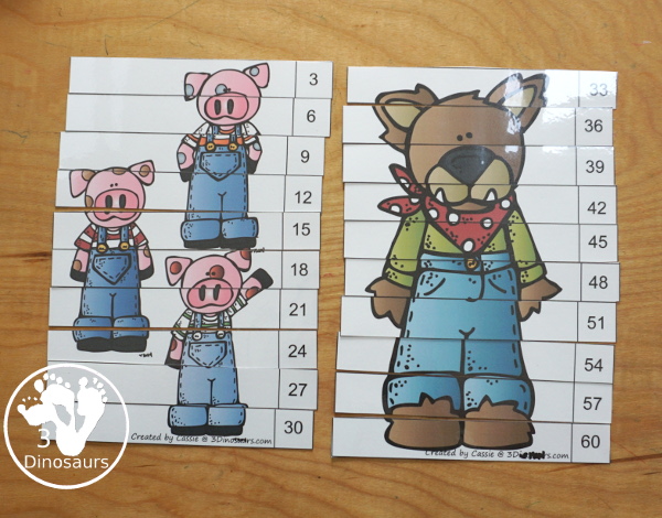 Free Three Little Pigs Skip Counting by 3 Puzzles Printables - you have three skip counting puzzles each skip counting by 3. You have 3 to 30, 33 to 60 and 63 to 90. Each puzzle skip counts by 3 ten times. - 3Dinosaurs.com