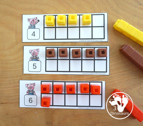 Free Three Little Pigs Ten Frame Printables has numbers 1 to 10. You have two sets of ten frames cards. You have one with the ten frame filled out and one with the ten frame blank. It has the different houses form the story for the ten frames theme - 3Dinosaurs.com