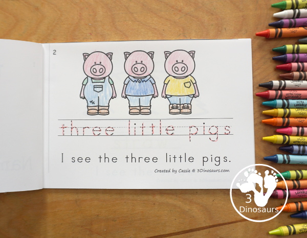 Free Three Little Pigs Easy Reader Book with Tracing has a fun 11 page book with different words from the story for kids to trace the word and then read the sentence for the word. A super simple, easy reader book for kids for the Three Little Pigs Story. - 3Dinosaurs.com
