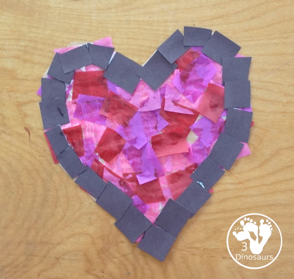Stained Glass Hearts Craft For Valentine's Day - a simple wax paper craft for kids with tissue paper glue and tissue paper. - 3Dinosaurs.com