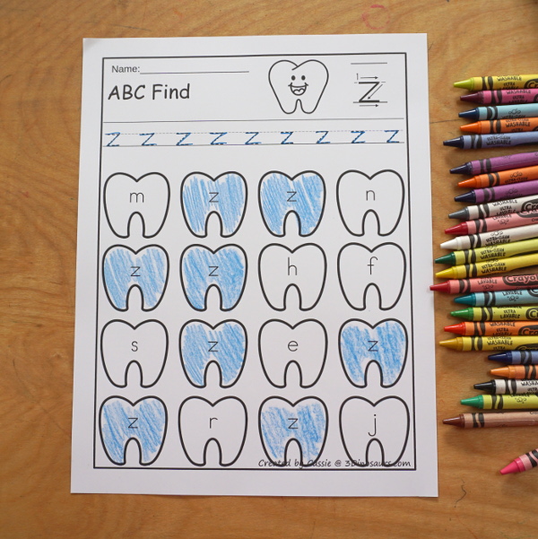 Tooth ABC Letter Find - All 26 Letters of the Alphabet with 52 pages of printables with letter finds for uppercase letters only and lowercase letters only. You can trace the letters and find the letters on the tooth. 3Dinosaurs.com
