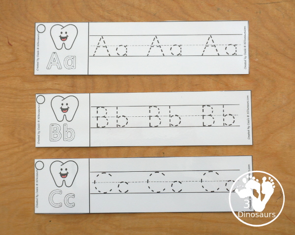 Free Tooth ABC Tracing Strips - with uppercase and lowercase together. You have fun kids with a tooth plus you can see an example of how to trace the letters - 3Dinosaurs.com