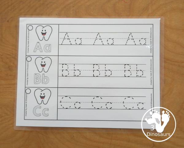 Free Tooth ABC Tracing Strips - with uppercase and lowercase together. You have fun kids with a tooth plus you can see an example of how to trace the letters - 3Dinosaurs.com