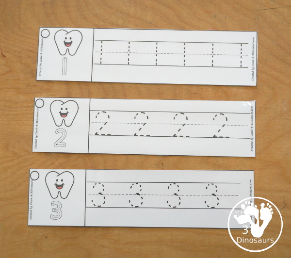 Free Tooth Number Tracing Strips - with numbers 0 to 20. You can trace the numbers and an example of how to trace the numbers on the strips, plus an tooth on each tracing strip. - 3Dinosaurs.com