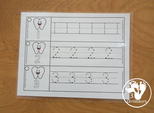 Free Tooth Number Tracing Strips - with numbers 0 to 20. You can trace the numbers and an example of how to trace the numbers on the strips, plus an tooth on each tracing strip. - 3Dinosaurs.com