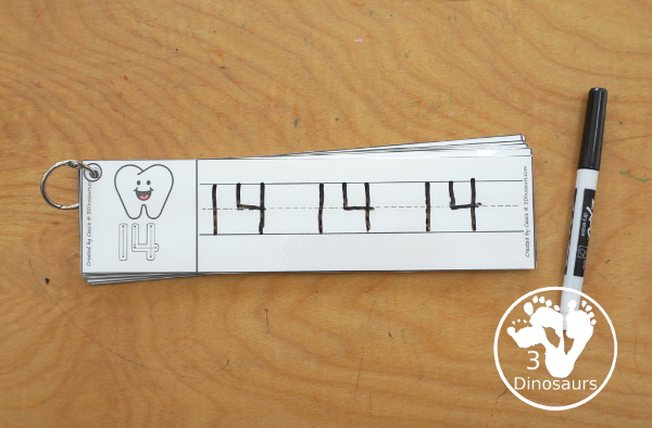 Free Tooth Number Tracing Strips - with numbers 0 to 20. You can trace the numbers and an example of how to trace the numbers on the strips, plus an tooth on each tracing strip. - 3Dinosaurs.com