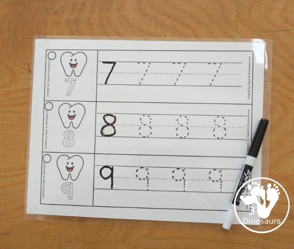 Free Tooth Number Tracing Strips - with numbers 0 to 20. You can trace the numbers and an example of how to trace the numbers on the strips, plus an tooth on each tracing strip. - 3Dinosaurs.com