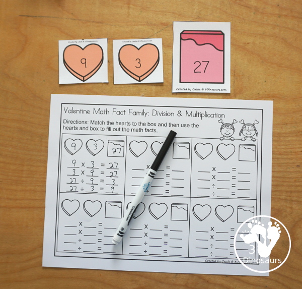 Valentine Multiplication & Division Cut & Paste and Matching with cut and paste worksheets for division and multiplication with numbers 1 to 12 and match puzzles and matching mats for division and multiplication - 3Dinosaurs.com