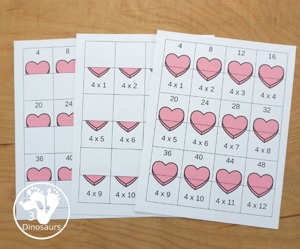 Valentine Multiplication & Division Cut & Paste and Matching with cut and paste worksheets for division and multiplication with numbers 1 to 12 and match puzzles and matching mats for division and multiplication - 3Dinosaurs.com
