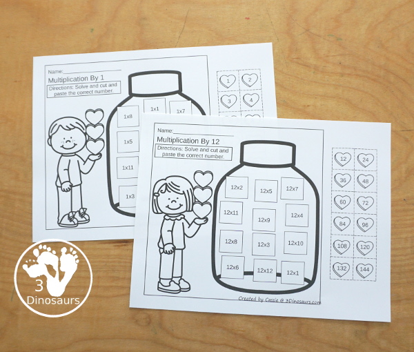 Valentine Multiplication & Division Cut & Paste and Matching with cut and paste worksheets for division and multiplication with numbers 1 to 12 and match puzzles and matching mats for division and multiplication - 3Dinosaurs.com