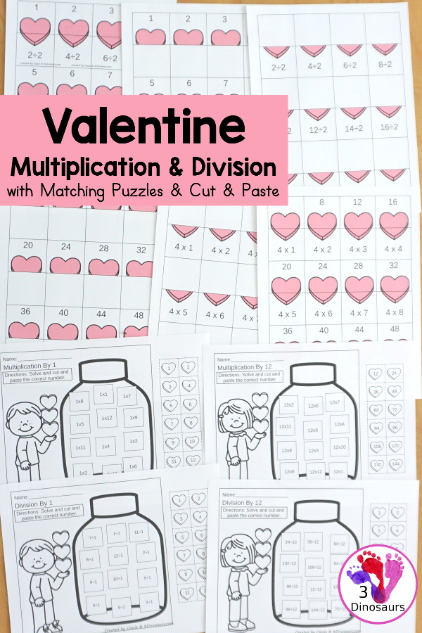 Valentine Multiplication & Division Cut & Paste and Matching with cut and paste worksheets for division and multiplication with numbers 1 to 12 and match puzzles and matching mats for division and multiplication - 3Dinosaurs.com