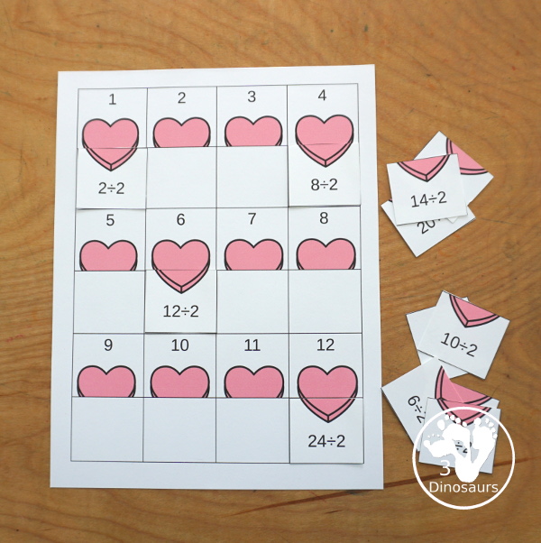 Valentine Multiplication & Division Cut & Paste and Matching with cut and paste worksheets for division and multiplication with numbers 1 to 12 and match puzzles and matching mats for division and multiplication - 3Dinosaurs.com