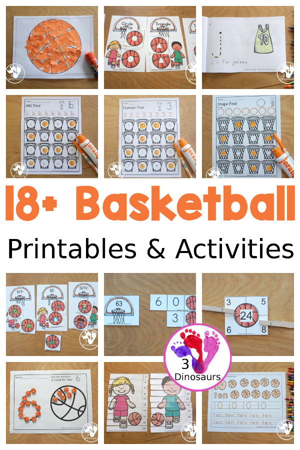 18+ Basketball Printables & Activities - with basketball ABCs, basketball numbers, basketball shapes, basketball packs and more - 3Dinosaurs.com