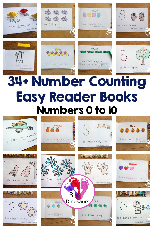 34+ Counting Easy Reader Books - a mix of easy reader books for counting that you can use throughout the year. Numbers from 1 to 10 and 0 to 10 for the books- 3Dinosaurs.com
