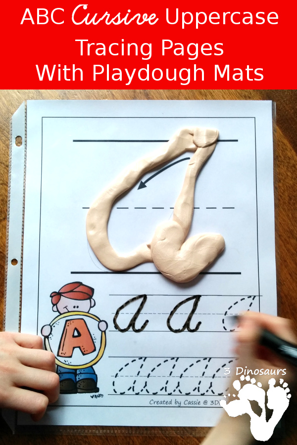 FREE ABC Uppercase Cursive Tracing Pages with Playdough Mats - 3Dinosaurs.com
