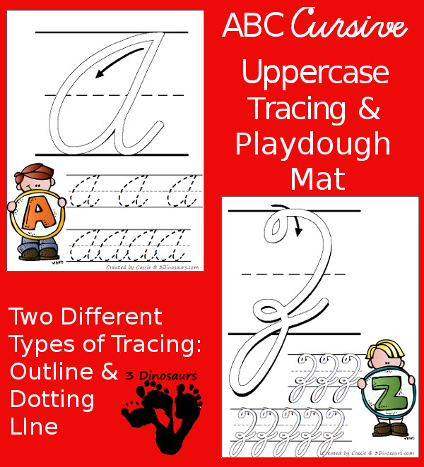 FREE ABC Uppercase Cursive Tracing Pages with Playdough Mats - 3Dinosaurs.com