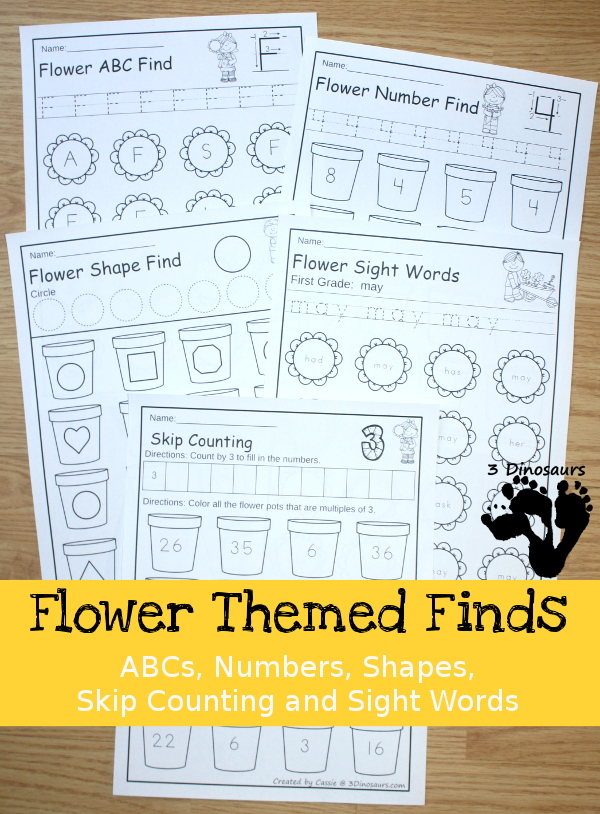 Spring Themed Finds: ABCs, Numbers, Shapes, Skip Counting and Sight Words - easy no-prep printables with a fun spring flower theme - 3Dinosaurs.com