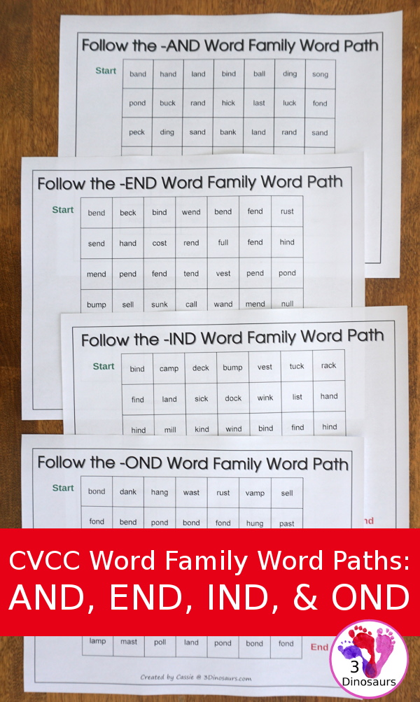 Free CVCC Word Family Word Paths: AND, END, IND, & OND - 3Dinosaurs.com