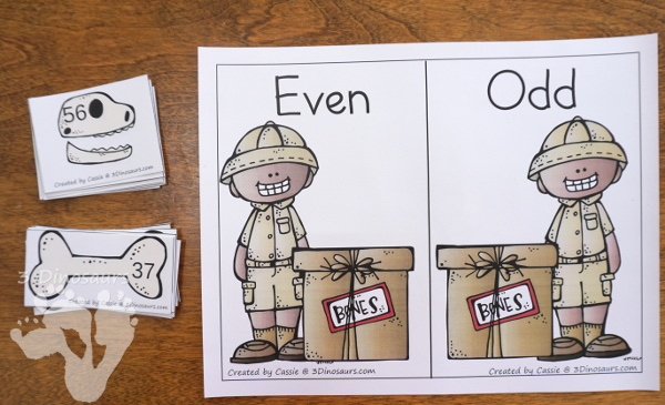 Free Hands-On Dinosaur Bones Sorting: Even and Odd - 16 bones to sort with sorting mat and optional worksheet - 3Dinosaurs.com