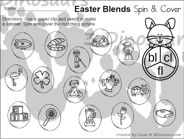 Free No-Prep Easter Themed Spin and Cover L Blends - work on bl, cl, fl, gl pl, and sl blends - 3Dinosaurs.com #handsonlearning #easterprintablesforkids #blendsforkids #printablesforkids #3dinosaurs