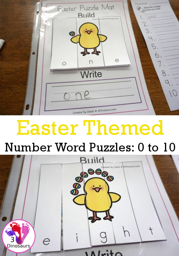 Free Hands-On Learning With Easter Themed Number Word Puzzles - numbers 0 to 10 word puzzles for kids to do hands-on spelling - 3Dinosaurs.com #handsonlearning #easterprintablesforkids #numbersforkids #printablesforkids #3dinosaurs