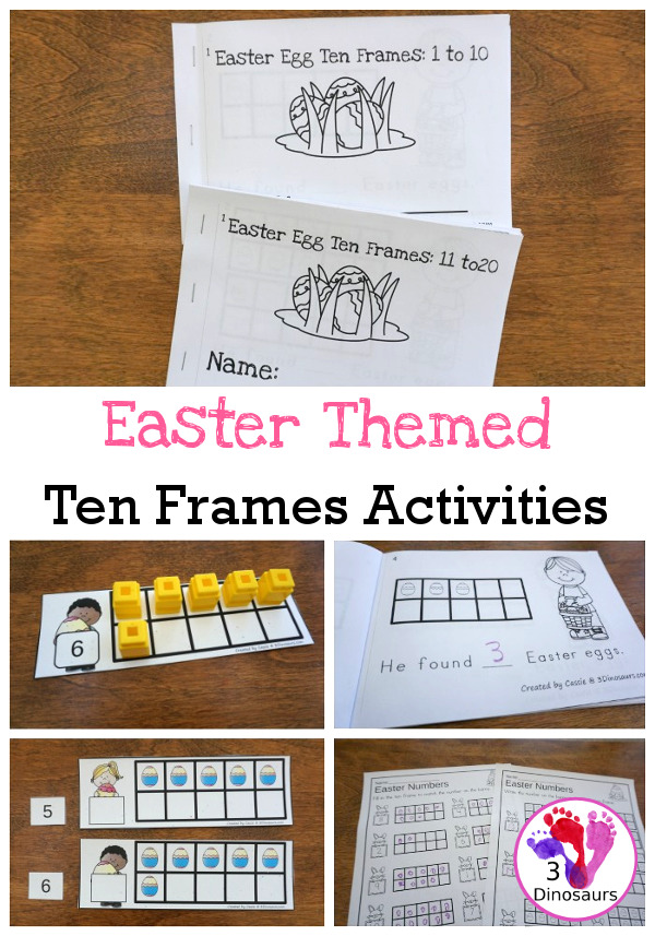 Easter Ten Frame Activities: No-Prep & Hands-On - 77 pages of printables working on ten frame activities for numbers 1 to 20 with hands-on and no-prep: cards, worksheets and easy reader books - 3Dinosaurs.com #handsonmath #teacherspayteachers #tenframe #easterprintablesforkids #printablesforkids