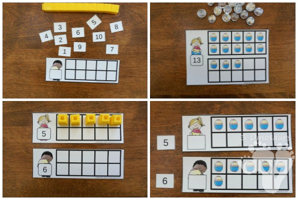 Easter Ten Frame Activities: No-Prep & Hands-On - 77 pages of printables working on ten frame activities for numbers 1 to 20 with hands-on and no-prep: cards, worksheets and easy reader books - 3Dinosaurs.com #handsonmath #teacherspayteachers #tenframe #easterprintablesforkids #printablesforkids