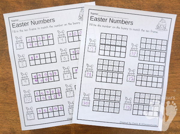 Easter Ten Frame Activities: No-Prep & Hands-On - 77 pages of printables working on ten frame activities for numbers 1 to 20 with hands-on and no-prep: cards, worksheets and easy reader books - 3Dinosaurs.com #handsonmath #teacherspayteachers #tenframe #easterprintablesforkids #printablesforkids