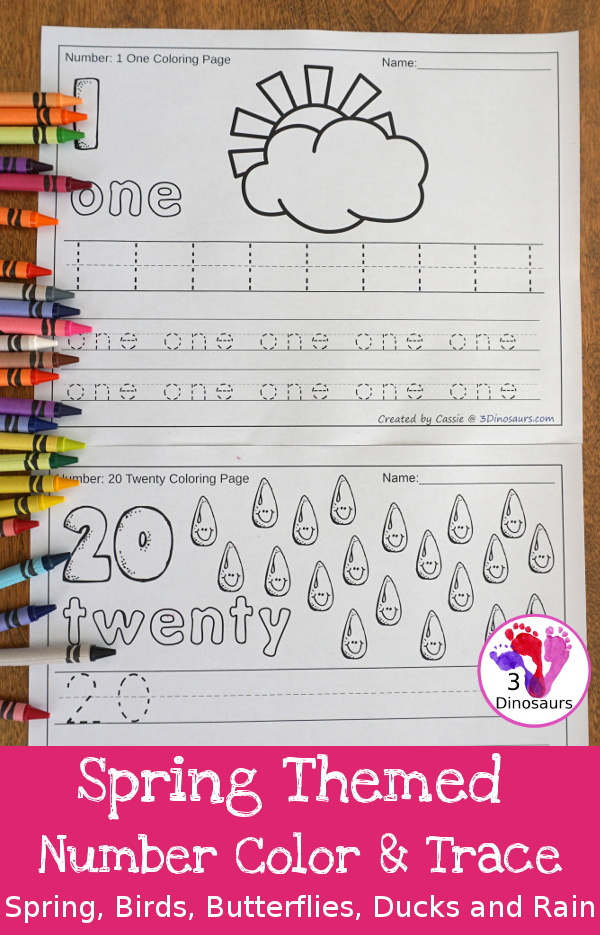 No-Prep Spring Themed Number Color and Trace - easy no-prep printables with five fun spring themes 44 pages for each set with two options for the numbers tracing or writing $ - 3Dinosaurs.com #noprepprintable #springprintables #numbersforkids
