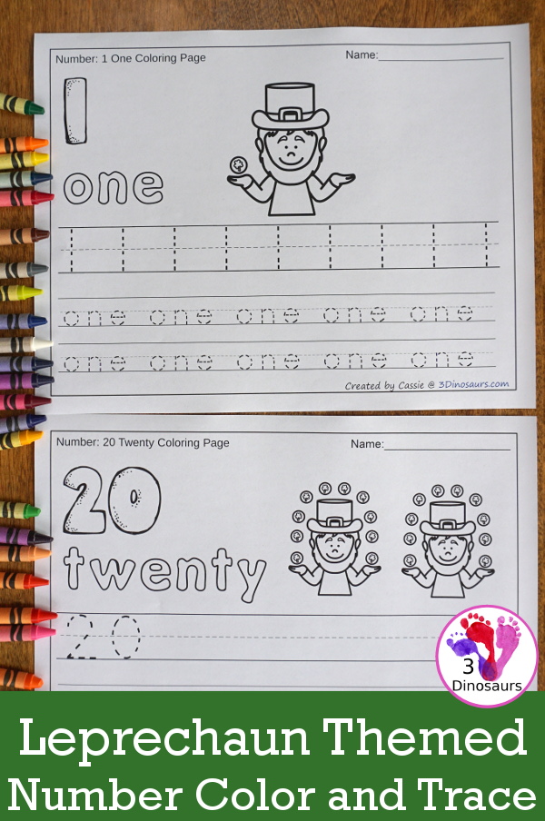 No-Prep St Patrick's Day Themed Number Color and Trace - easy no-prep printables with a fun St Patrick's day theme 44 pages with two options for the numbers tracing or writing $ - 3Dinosaurs.com #noprepprintable #stpatricksdayprintables #numbersforkids