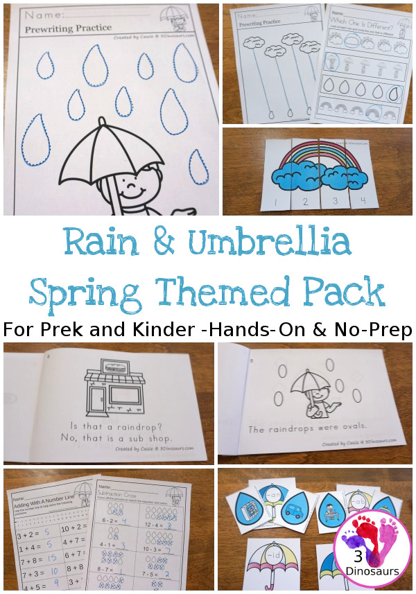 Rain & Umbrella Themed Spring Pack For PreK & Kindergarten- with loads of activities that work on abcs, numbers, math counting and more - It has a mix of hands-on and no-prep activities - 3Dinosaurs.com