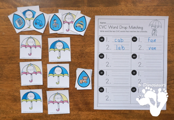 Rain & Umbrella Themed Spring Pack For PreK & Kindergarten- with loads of activities that work on ABCs, numbers, math counting and more - It has a mix of hands-on and no-prep activities - 3Dinosaurs.com