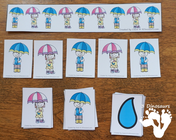 Rain & Umbrella Themed Spring Pack For PreK & Kindergarten- with loads of activities that work on abcs, numbers, math counting and more - It has a mix of hands-on and no-prep activities - 3Dinosaurs.com