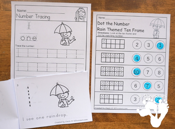 Rain & Umbrella Themed Spring Pack For PreK & Kindergarten- with loads of activities that work on ABCs, numbers, math counting and more - It has a mix of hands-on and no-prep activities - 3Dinosaurs.com