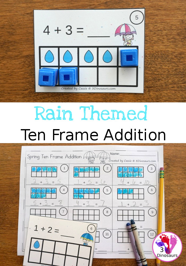 Free Easy To Use Raindrop Ten Frame Addition - work on addition 1 to 10 with 2 types of ten frame cards and matching worksheet  - 3Dinosaurs.com
